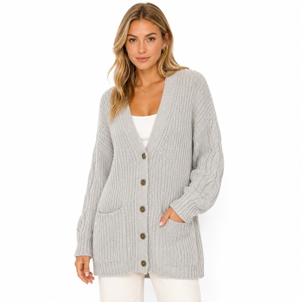 Banana Republic Cable Sleeve Ribbed Knit Cardigan Natural Stone Grey Size S